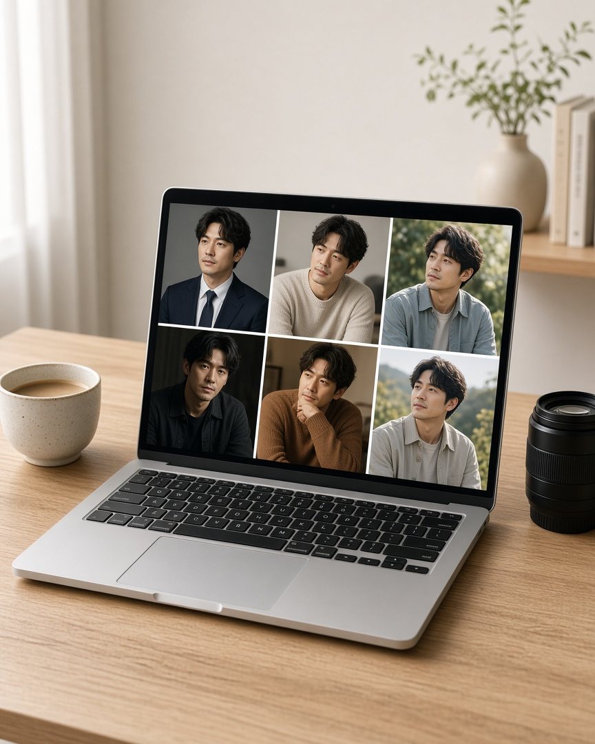 桌上筆電顯示多張人像風格預覽・AI 風格示意，非真實團隊照片
