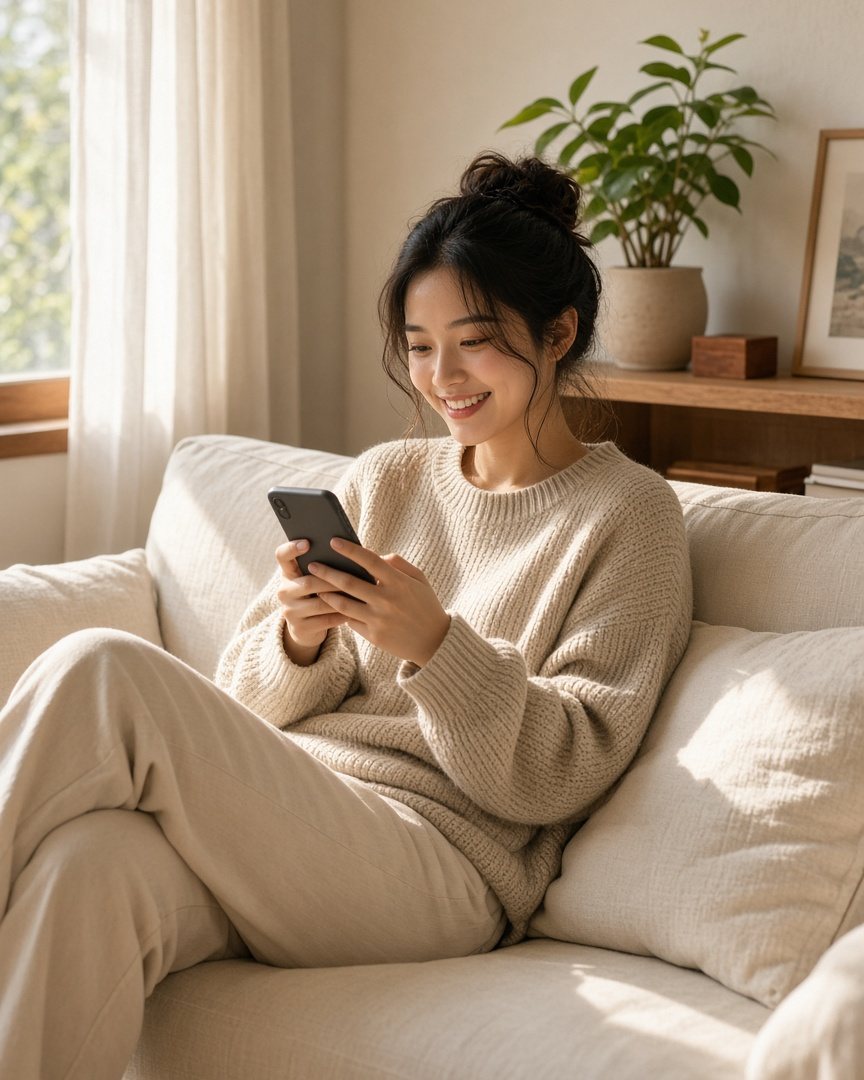 坐在沙發上用手機挑選照片的女性・AI 風格示意，非真實團隊照片